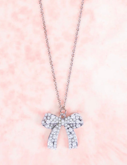 Silver Pear Studded Bow Necklace
