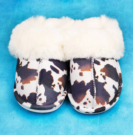 Black and Brown Cow Fuzzy Slippers