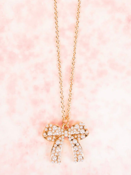 Gold Pear Studded Bow Necklace
